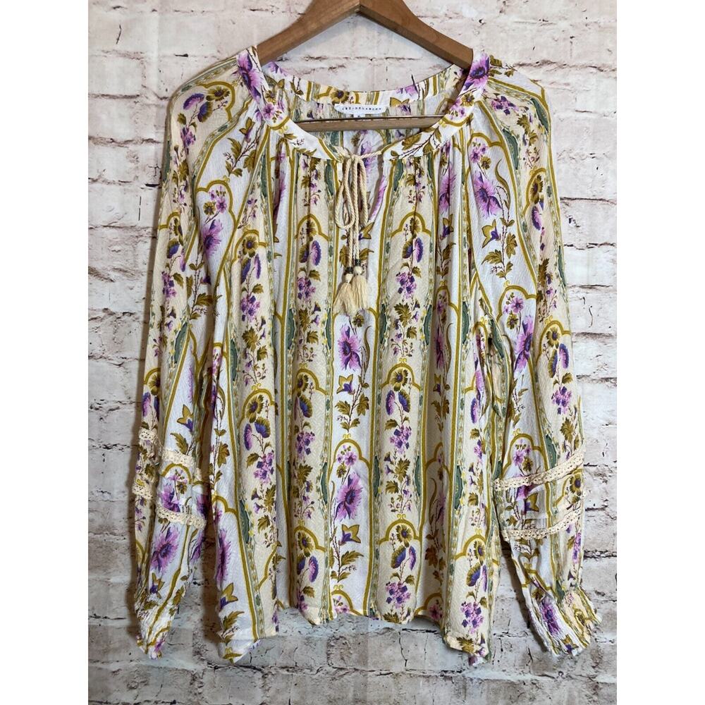 Jane‎ Delancey Prairie Top Womens XL Purple & Gold Floral Peasant Balloon Sleeve